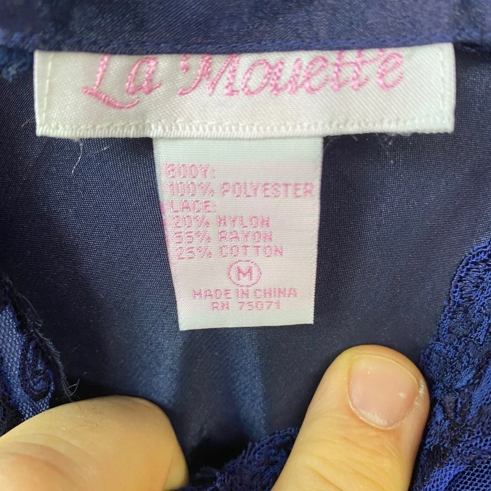 La Mouette Navy Blue Satin Lace Trim Chemise Slip‎ Dress Nightgown Medium